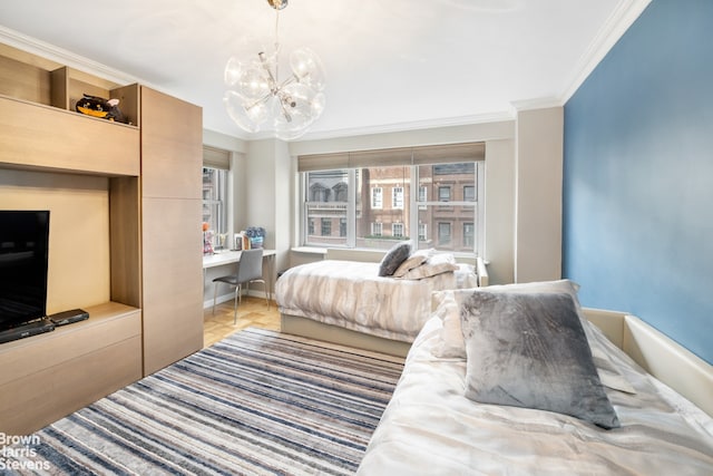 bedroom featuring ornamental molding, a chandelier, and built in desk