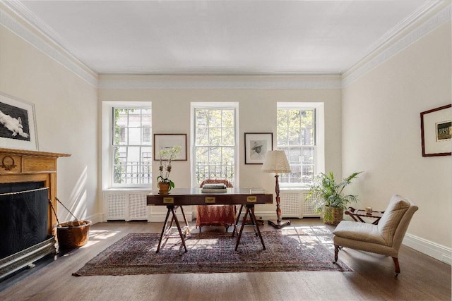 office area with crown molding and wood-type flooring