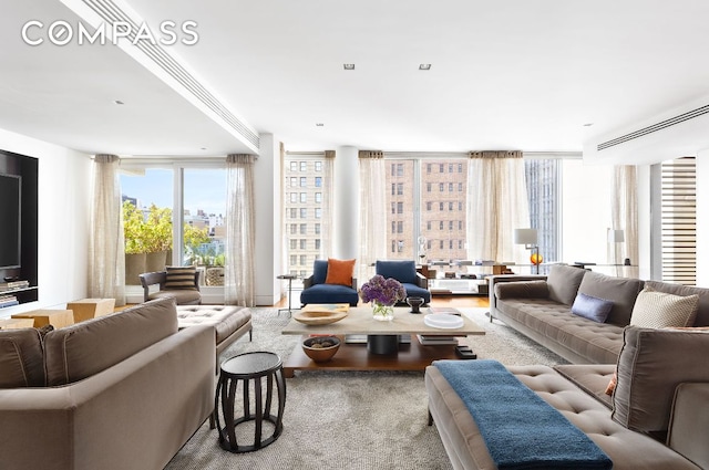 living area featuring floor to ceiling windows and wood finished floors