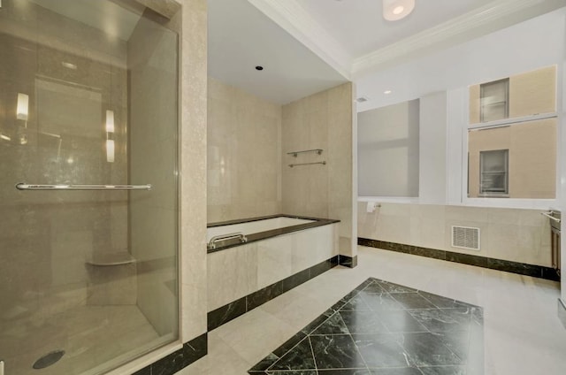 bathroom with ornamental molding, a stall shower, visible vents, and recessed lighting