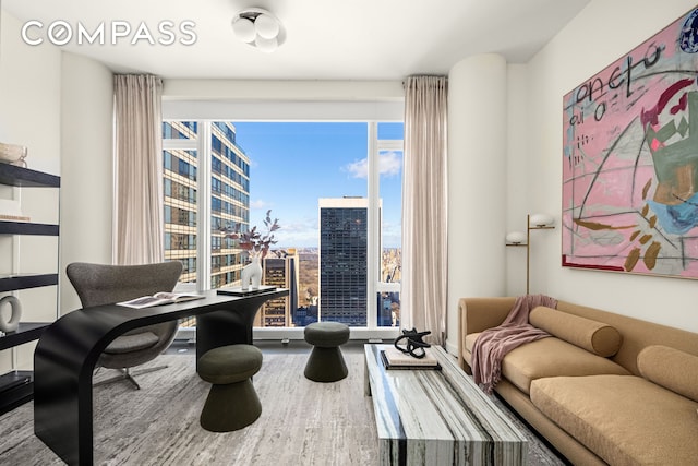sitting room with a view of city, plenty of natural light, and wood finished floors
