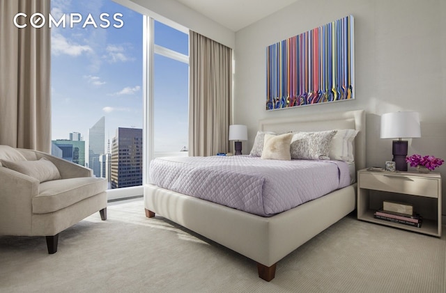 carpeted bedroom featuring a city view