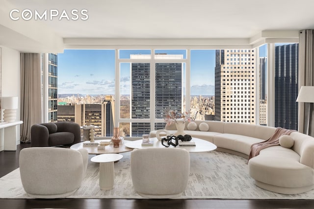 living room featuring a view of city, wood finished floors, and expansive windows