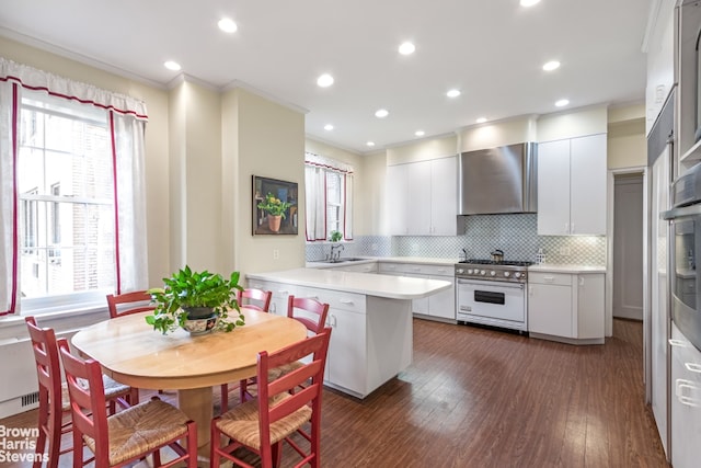 kitchen with stainless steel range, backsplash, dark wood-type flooring, wall chimney range hood, and sink