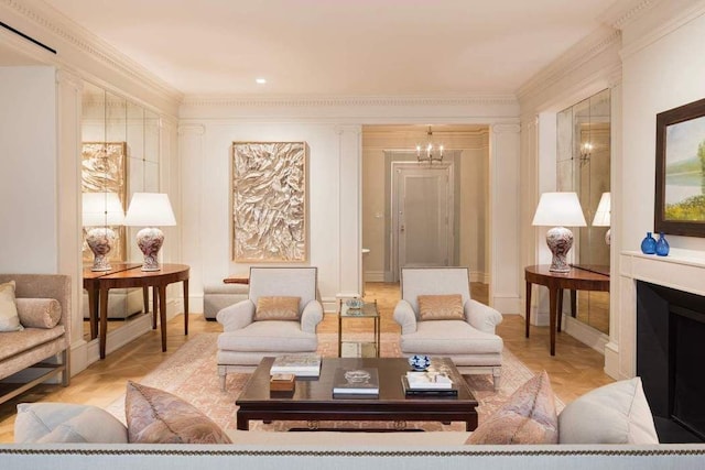 living room with crown molding and a chandelier