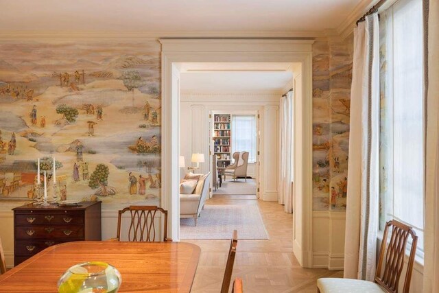 dining room featuring light parquet floors