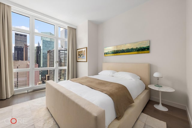 bedroom featuring a wall of windows, a view of city, and baseboards