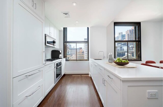 kitchen featuring dark hardwood / wood-style floors, sink, white cabinets, kitchen peninsula, and stainless steel appliances