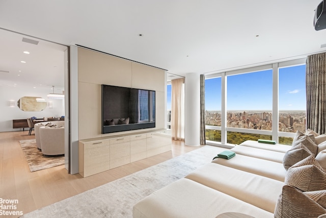 living room featuring a wall of windows and light hardwood / wood-style floors