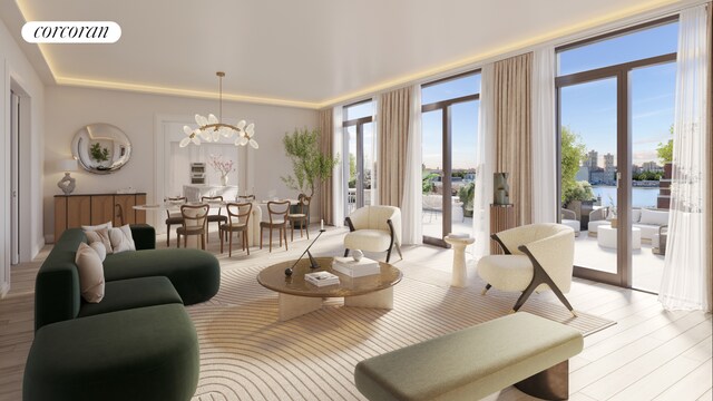 living room featuring a wall of windows, a chandelier, light hardwood / wood-style floors, and a water view