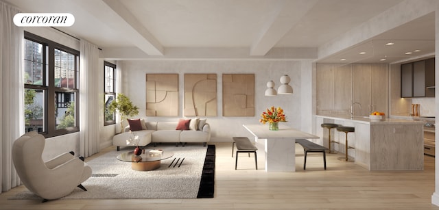 interior space with light wood-type flooring and beam ceiling