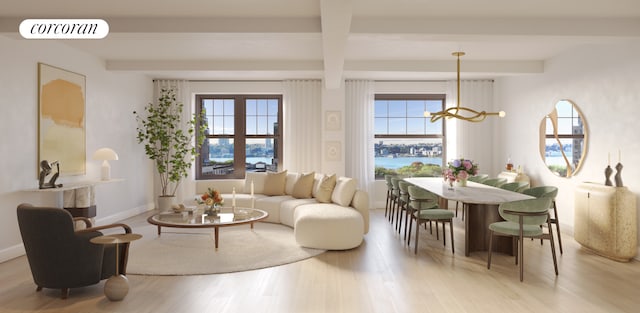 living room featuring a healthy amount of sunlight, beam ceiling, and light hardwood / wood-style flooring