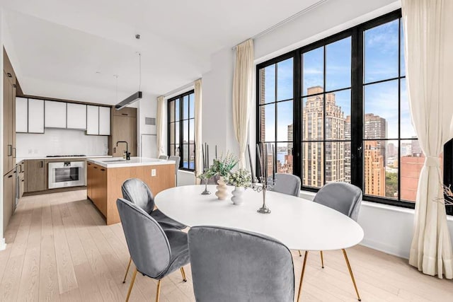 dining room with a healthy amount of sunlight, sink, and light hardwood / wood-style flooring