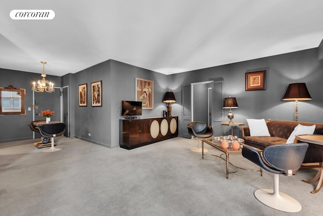 living area with visible vents, light carpet, and a notable chandelier