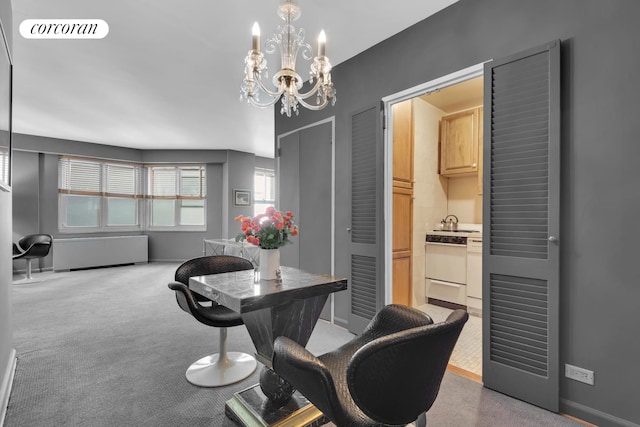 carpeted dining room with baseboards, visible vents, and a chandelier