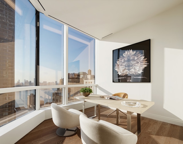 interior space with expansive windows, baseboards, a city view, and wood finished floors