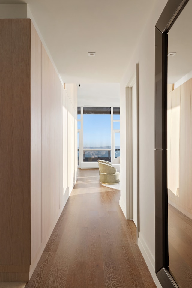 corridor with expansive windows and wood finished floors