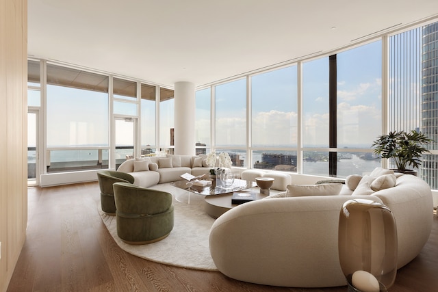 living area with a wall of windows, plenty of natural light, and wood finished floors