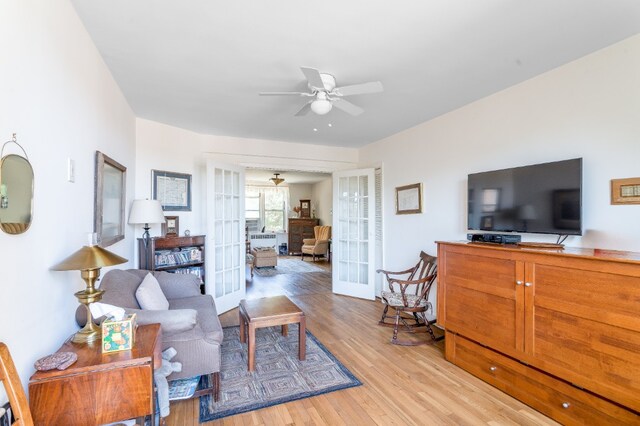 5650 Netherland Ave Unit 1A, New York City, NY 10471 - living room featuring light wood-style floors, ceiling fan, and french doors