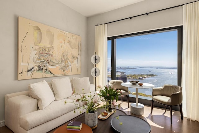 living room featuring dark wood-style floors and a water view