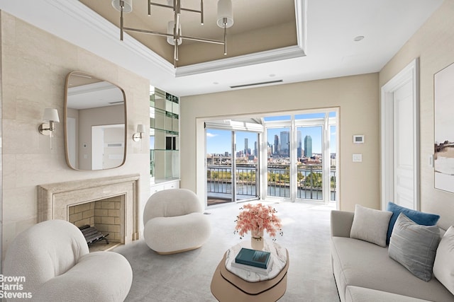 60 Sutton Pl S Unit Ph19S, New York City, NY 10022 - carpeted living room with a water view, arched walkways, crown molding, and a city view
