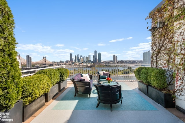 view of patio with a water view