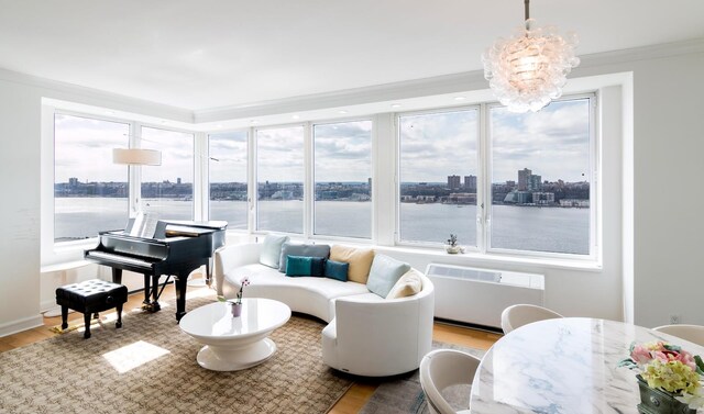 sunroom / solarium with a water view, radiator, and plenty of natural light