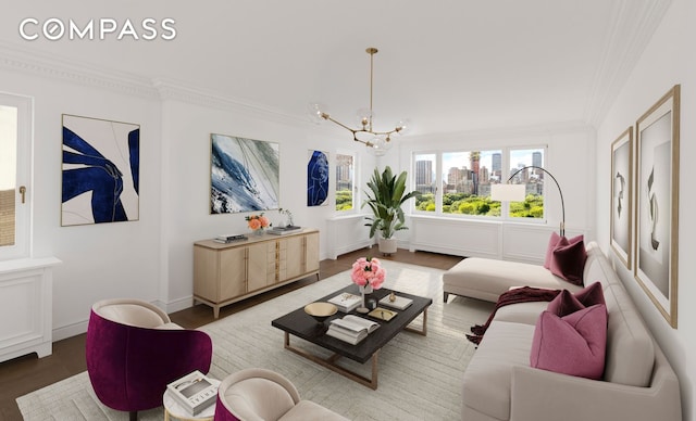 living area featuring crown molding, baseboards, a city view, wood finished floors, and a notable chandelier