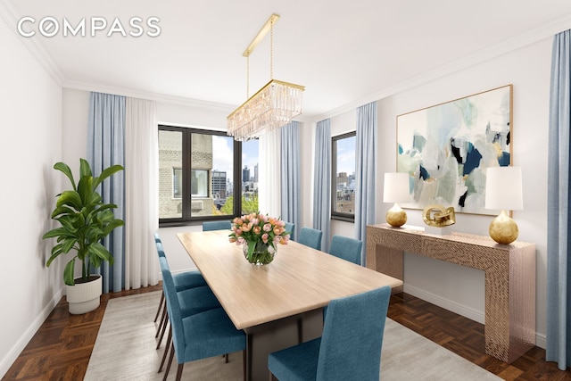 dining space featuring a chandelier, crown molding, and baseboards