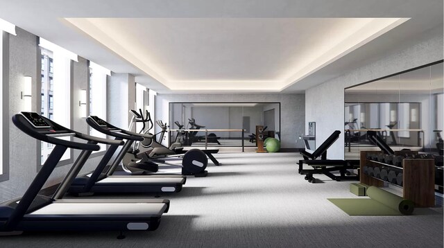 540 6th Ave Unit 11A, New York City, NY 10011 - workout area featuring a raised ceiling and carpet flooring