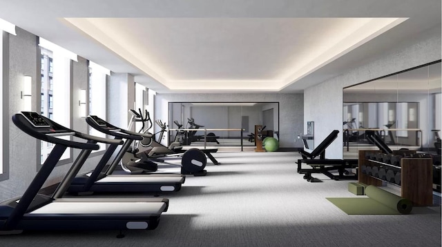 workout area with a raised ceiling and carpet