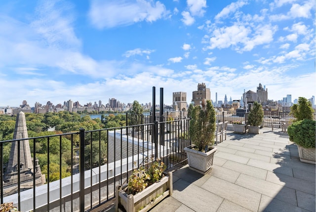 view of patio / terrace featuring a view of city and a balcony