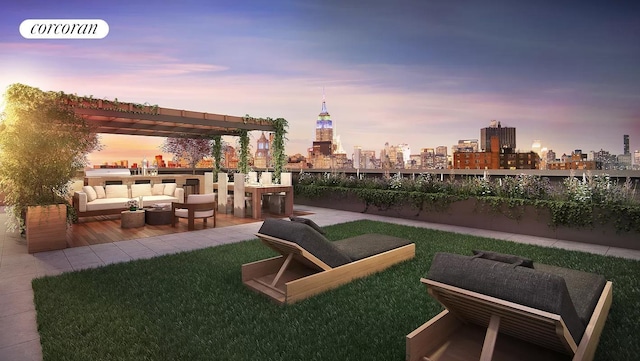 patio terrace at dusk with visible vents, a pergola, an outdoor living space, and a city view