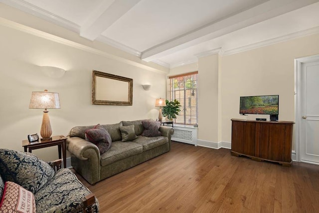 living room with radiator heating unit, ornamental molding, hardwood / wood-style floors, and beam ceiling