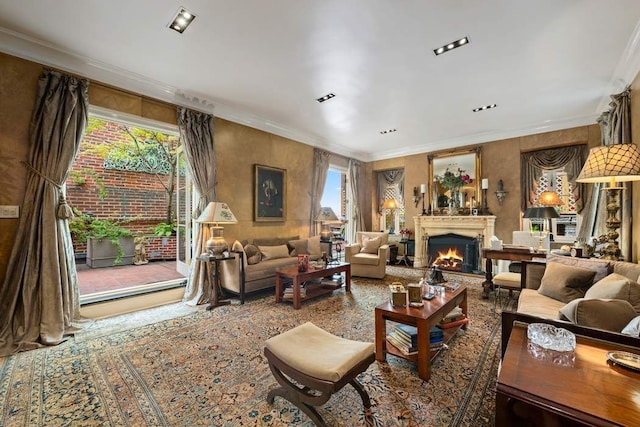 living room with a lit fireplace, visible vents, and crown molding