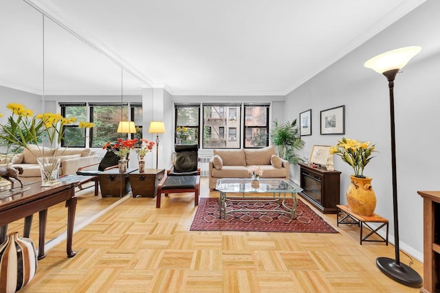 living room with light parquet flooring and crown molding