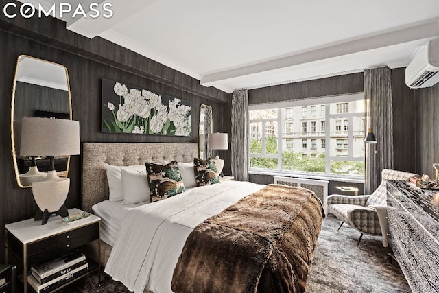 bedroom with an AC wall unit and wood walls