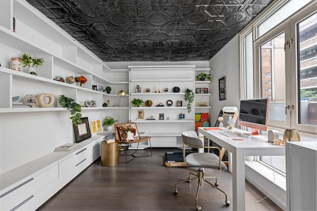 office space with french doors and dark hardwood / wood-style floors