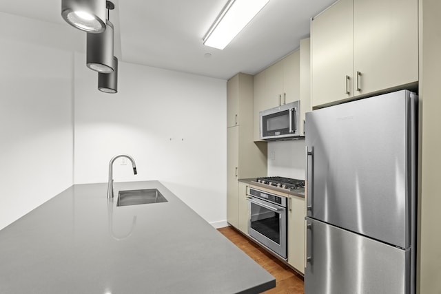 kitchen with cream cabinets, appliances with stainless steel finishes, a sink, and wood finished floors