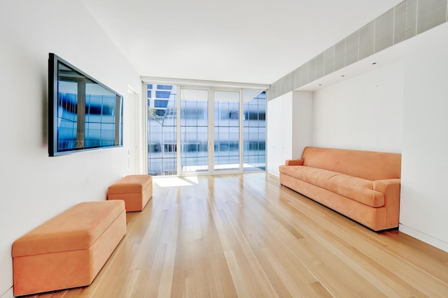 living room with a wall of windows and light wood-type flooring