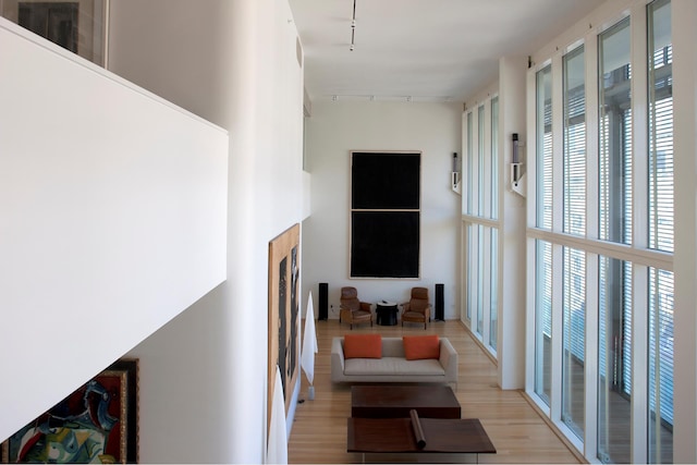 living room with rail lighting, a high ceiling, and wood finished floors