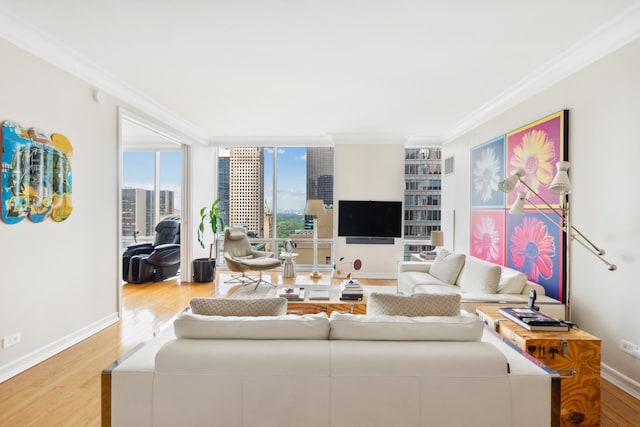 641 5th Ave Unit 27C, New York City, NY 10022 - living area with ornamental molding, wood finished floors, and baseboards