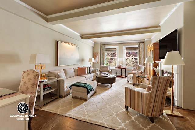 living room featuring crown molding and beam ceiling