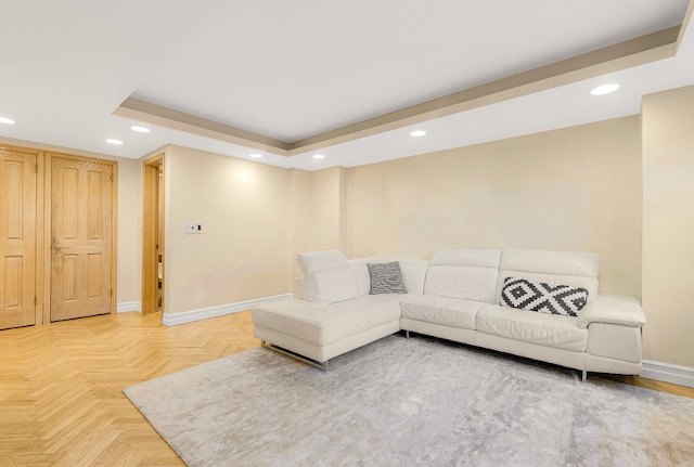 7020 108th St Unit 7E/F, New York City, NY 11375 - living room with recessed lighting, baseboards, and a tray ceiling