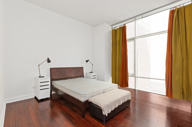 bedroom with baseboards, dark wood finished floors, and floor to ceiling windows