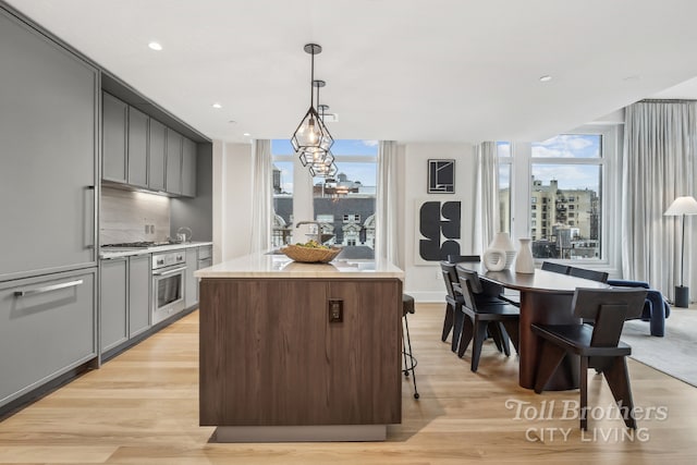 kitchen featuring tasteful backsplash, stainless steel appliances, a center island, and light hardwood / wood-style flooring