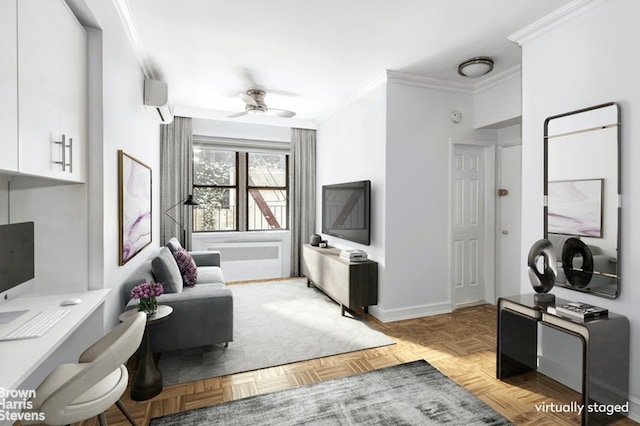 living room with crown molding, ceiling fan, light parquet flooring, and a wall unit AC