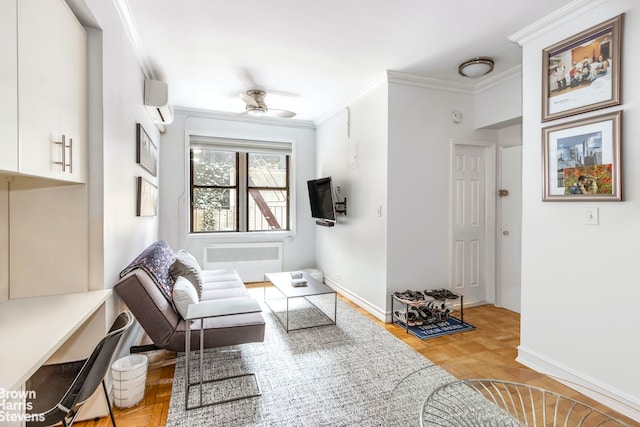 sitting room with a wall mounted AC, ornamental molding, radiator heating unit, ceiling fan, and light parquet floors