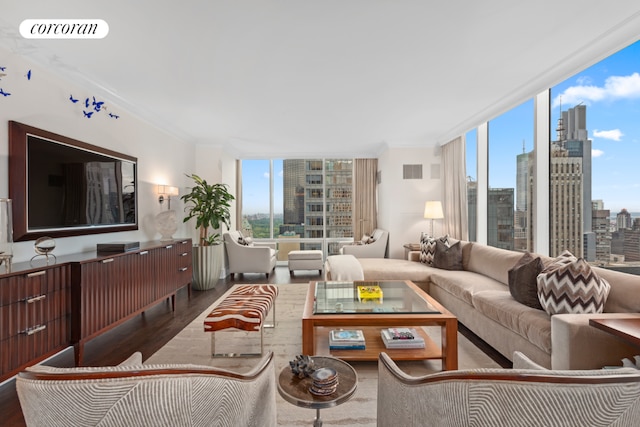 living room featuring wood-type flooring, expansive windows, and a wealth of natural light