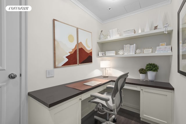 641 5th Ave Unit 32D, New York City, NY 10022 - office with built in study area, crown molding, dark wood-style floors, and attic access